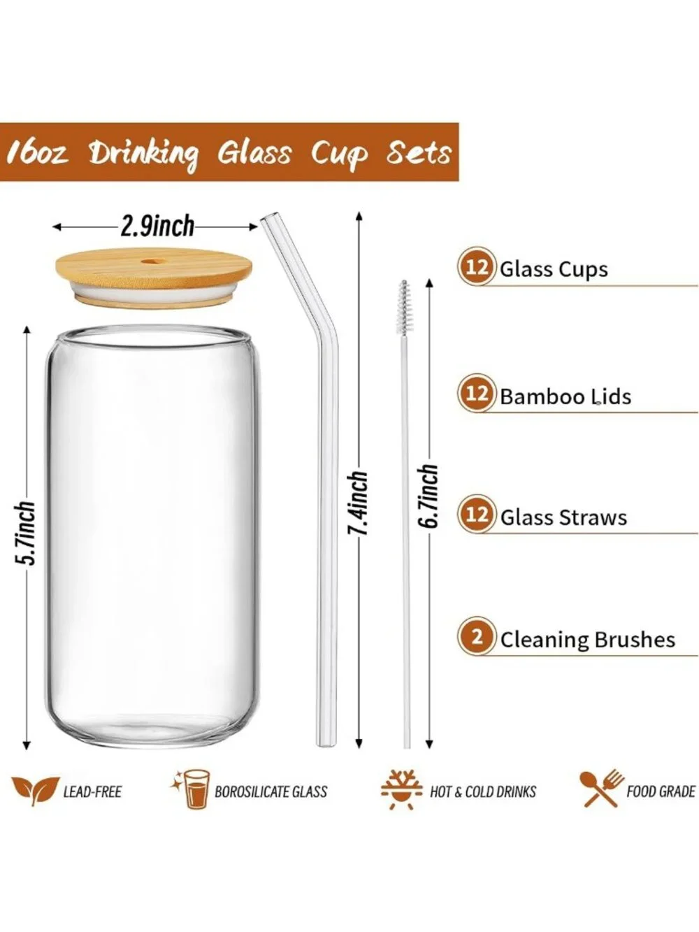 12Pcs Reusable Glass Tumblers with Bamboo Lids & Straws | 16oz Iced Coffee, Tea